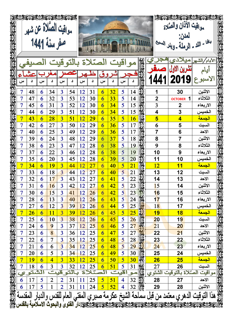  أوقات الصلاة حسب التوقيت الدهري لشهر صفر 1441 هـ