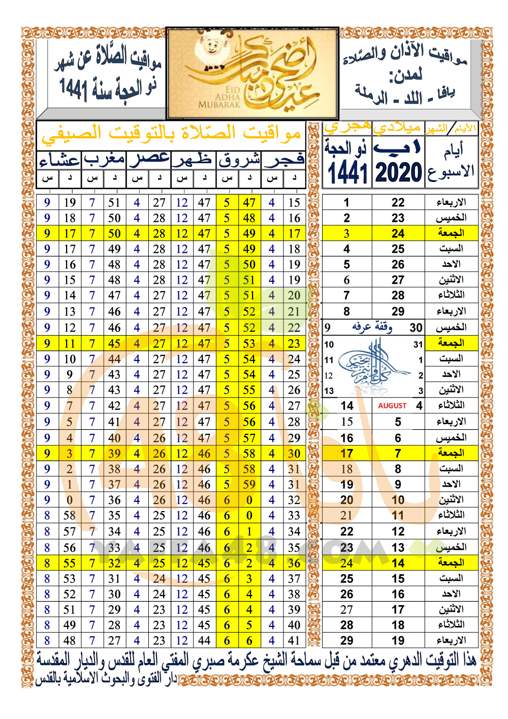 مواقيت الصلاة حسب التوقيت الدهري ليافا - اللد والرملة