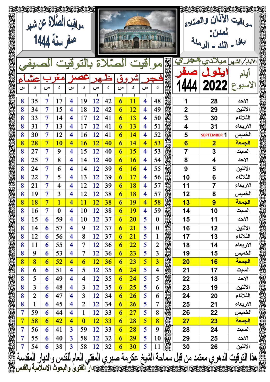  أوقات الصلاة حسب التوقيت الدهري لشهر صفر 1444 هـ