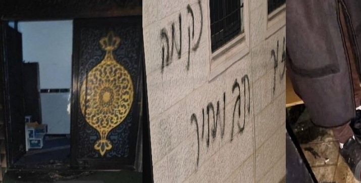 مستوطنون يحرقون مدخل مسجد ويخطون شعارات في قرية تل جنوب...