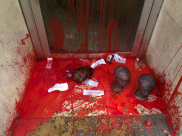 صور: القاء رؤوس دمى وسكب دهان أحمر على مدخل مبنى سلطة الهجرة في تل ابيب